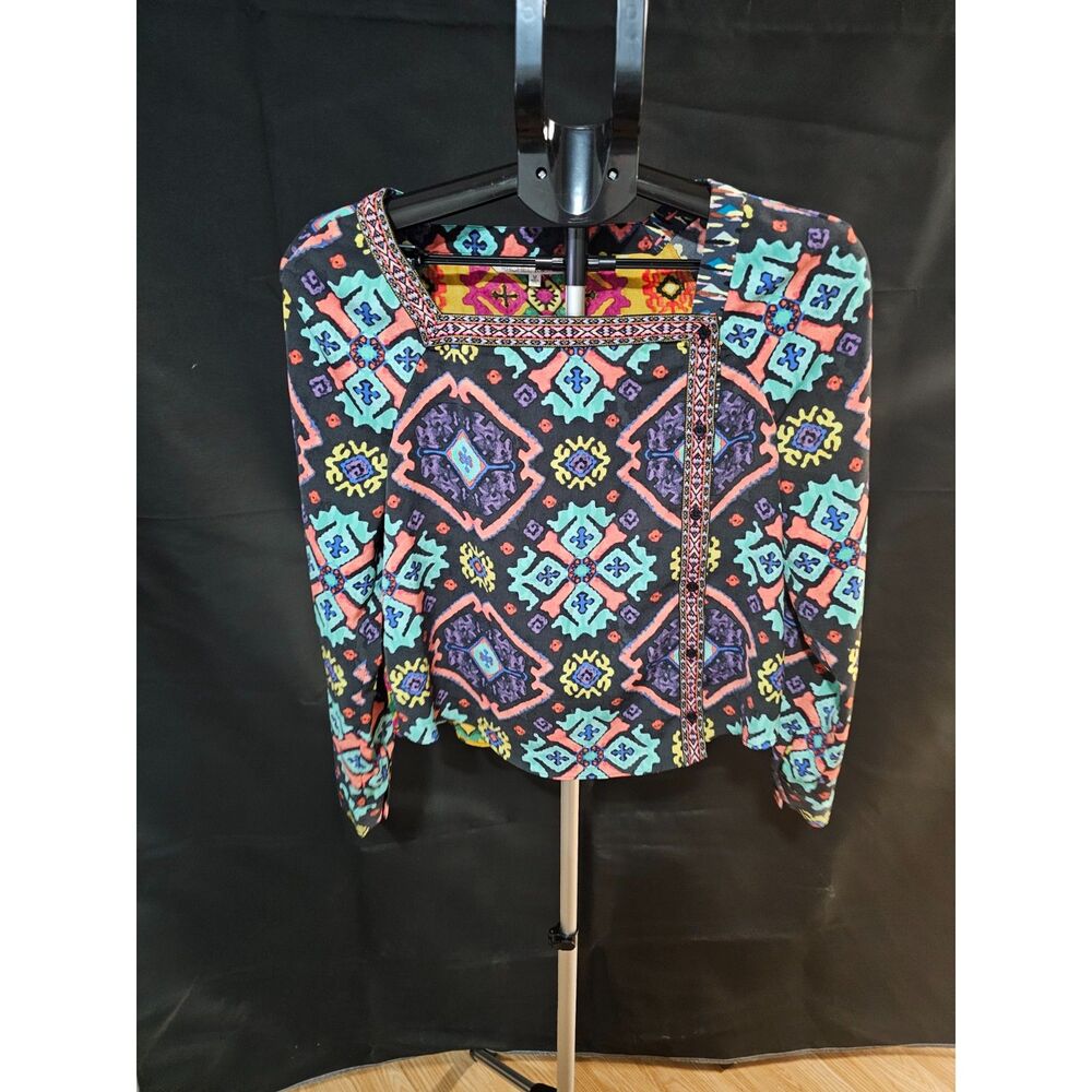 Vintage-Style Boho Folk Art Patchwork Long Sleeve Top – Geometric Print
